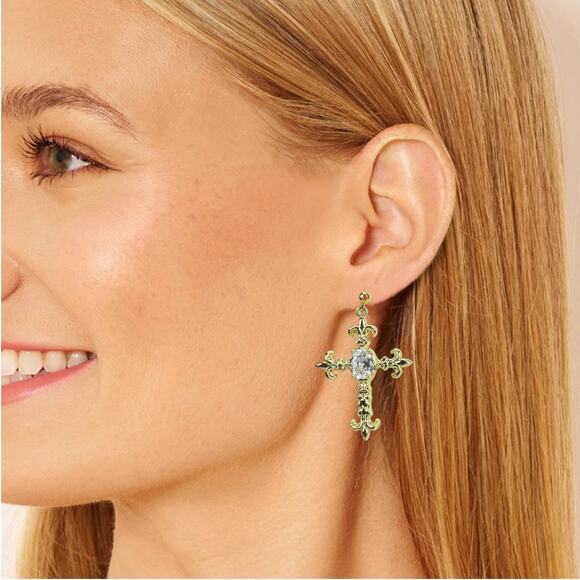 NWT RUSH Gold Cross Rhinestone Earrings - Picture 1 of 6